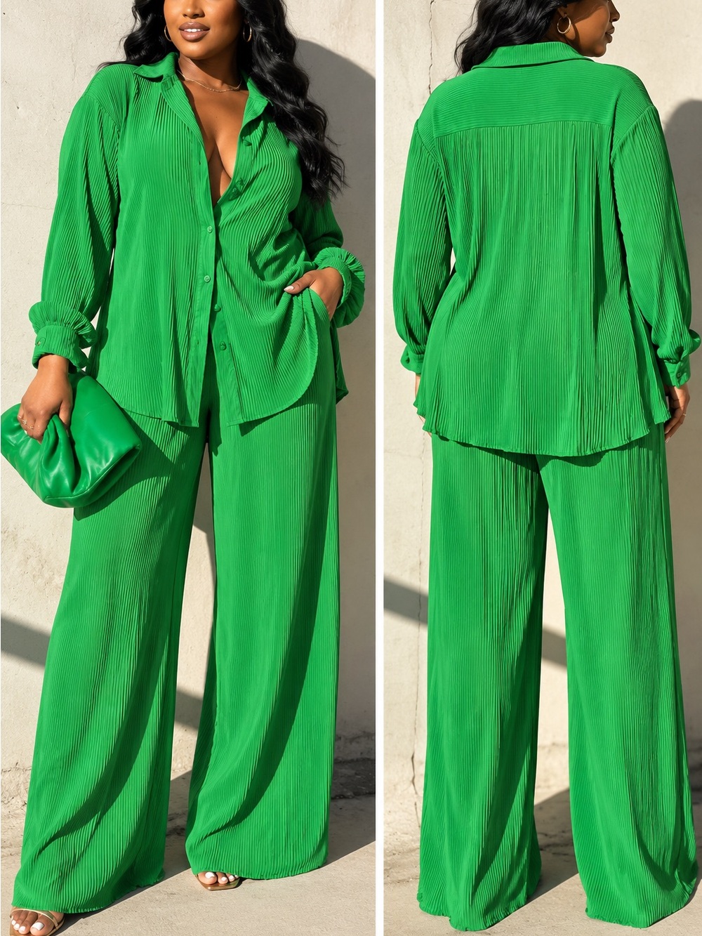 PrettyLittleThing Green Plisse Pleated Button-Down Shirt Wide Leg Pant Set